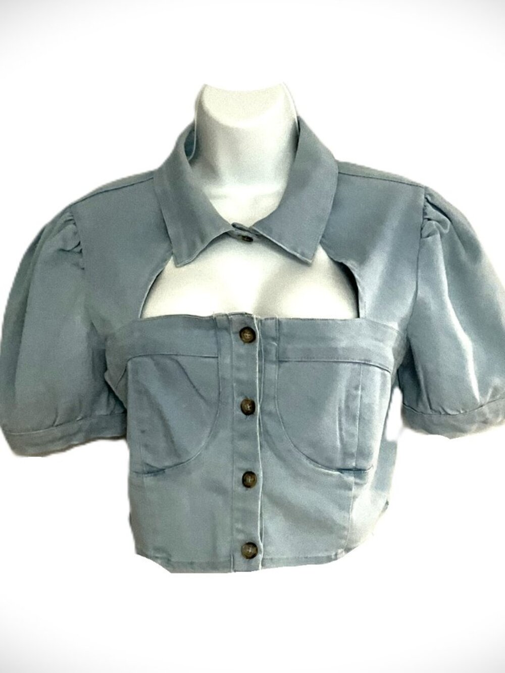 Thrill Jeans Blue Denim Puff Sleeve Crop Top Size L India
